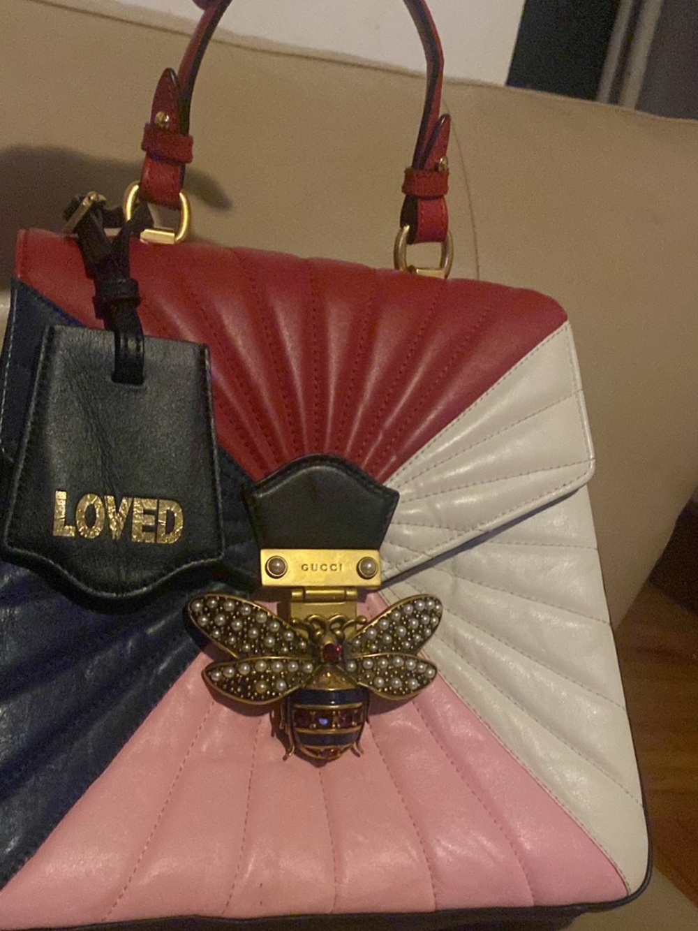 Gucci Tri‑Color Quilted Leather Top Handle Bag with Queen Margaret bee closure